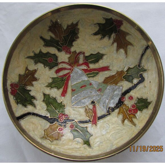 Brass cloisonne brass candy dish bowl Christmas dish jingle bells holly India - Picture 2 of 8